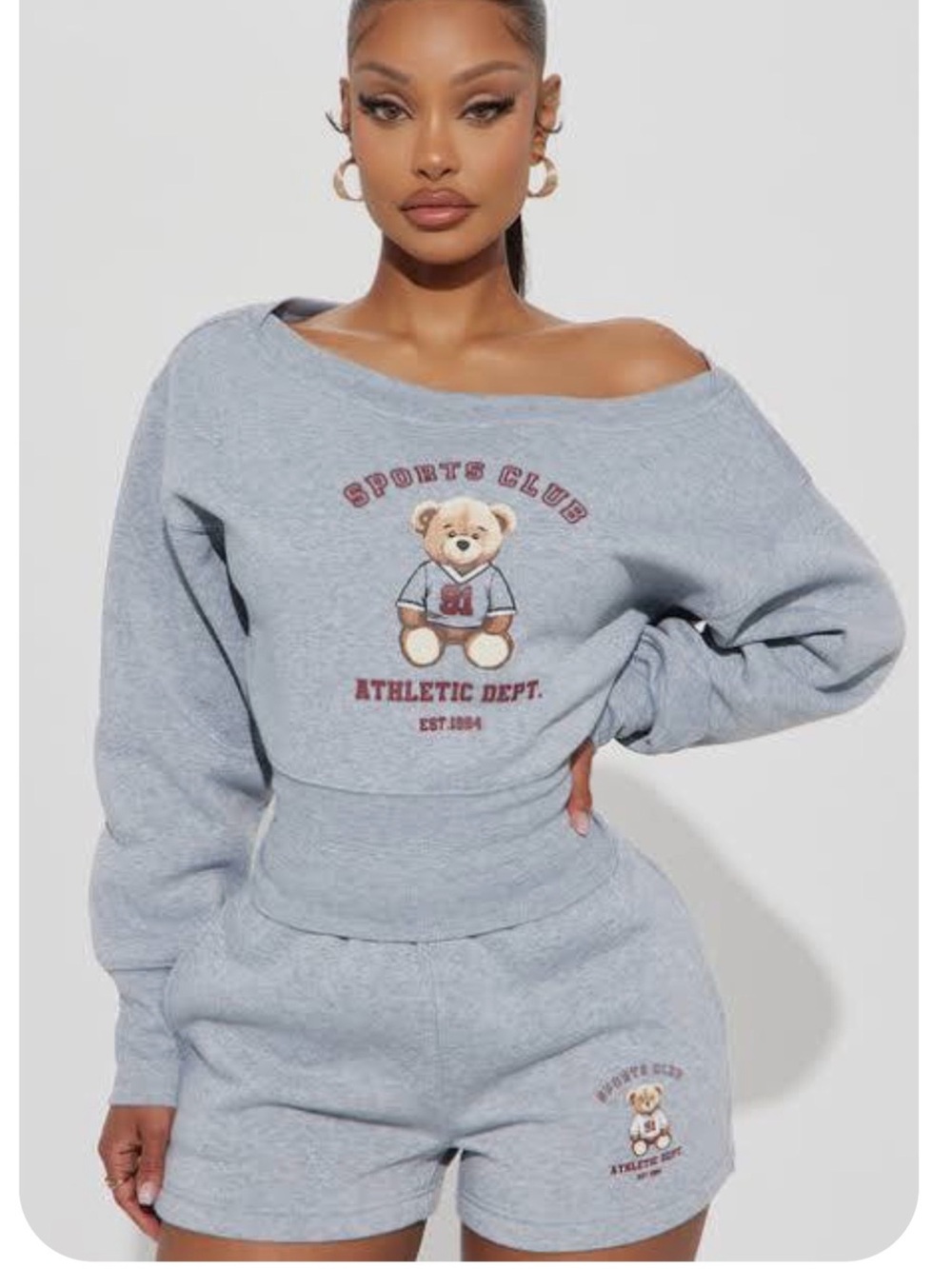 Gray Teddy Graphic Off-Shoulder Cropped Sweatshirt and shorts set